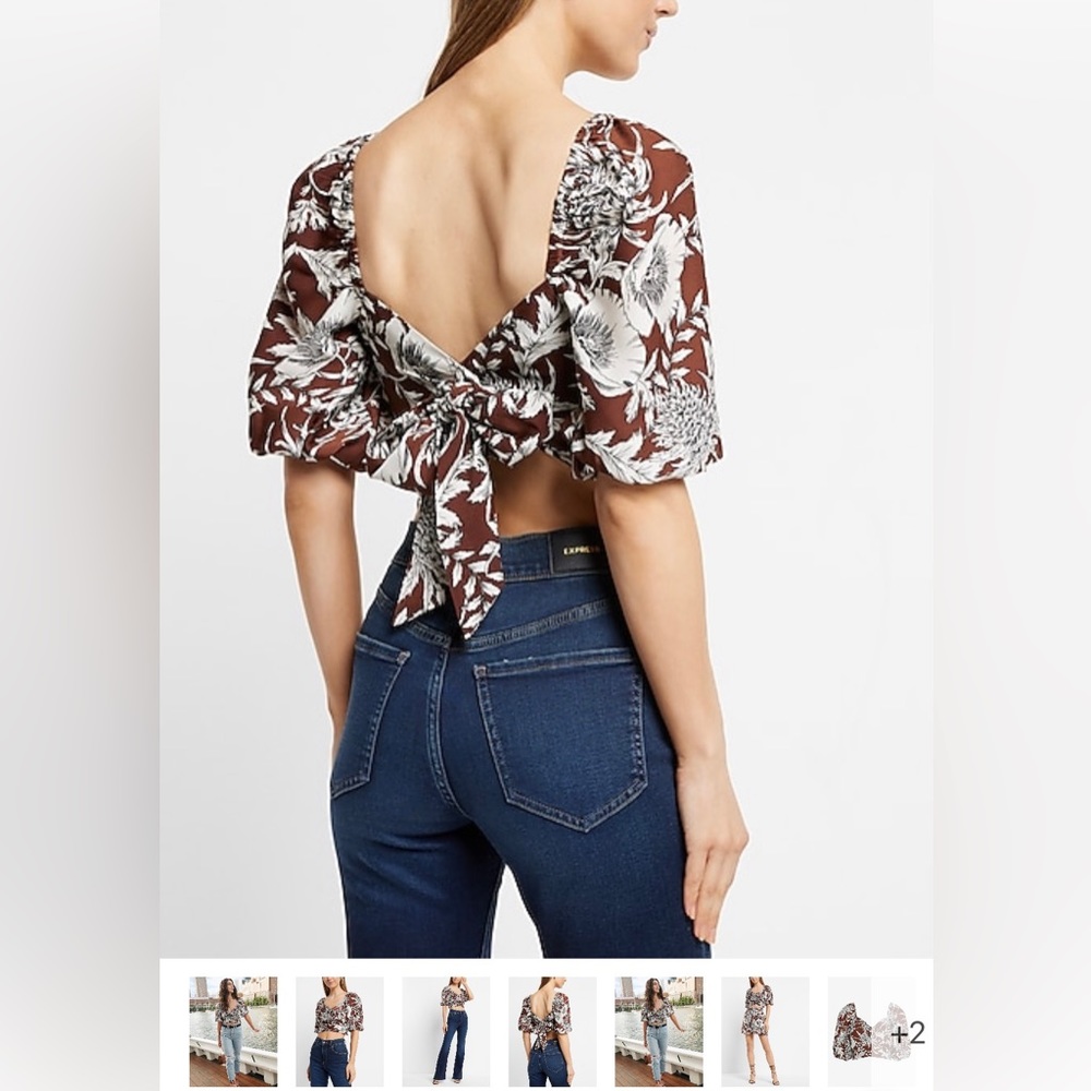 Express Satin Printed Faux Wrap Tie Back Cropped Top NWT